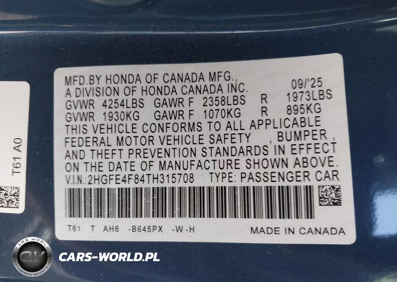 2026 Honda Civic Sport VIN:2HGFE4F84TH315708 - 9