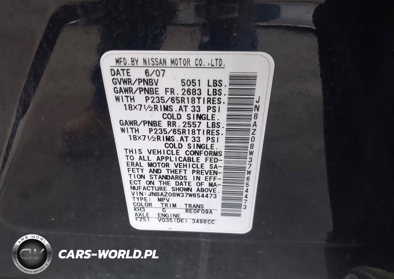 2007 Nissan Murano Sl VIN:JN8AZ08W37W654473 - 9
