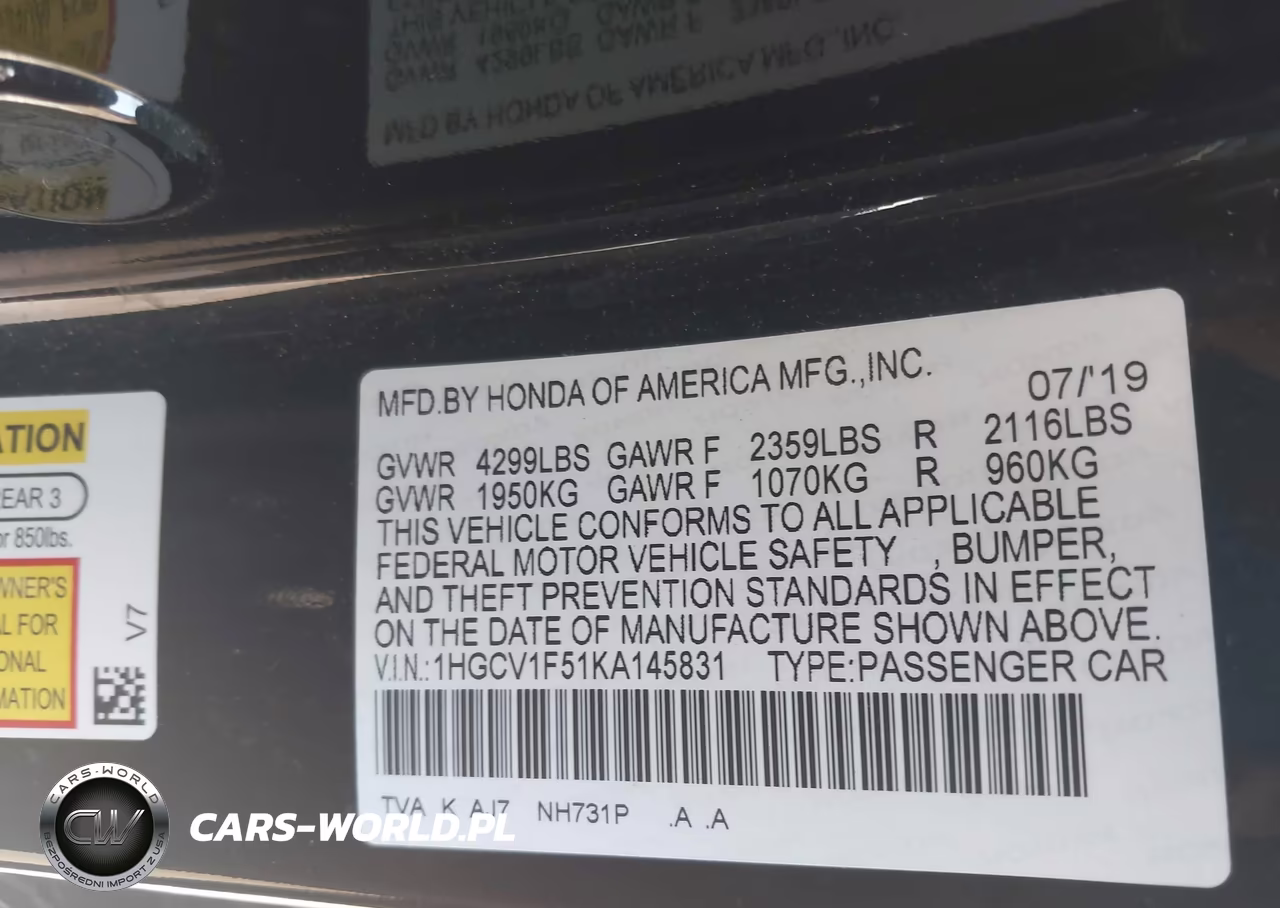 2019 Honda Accord Ex-L VIN:1HGCV1F51KA145831 - 9