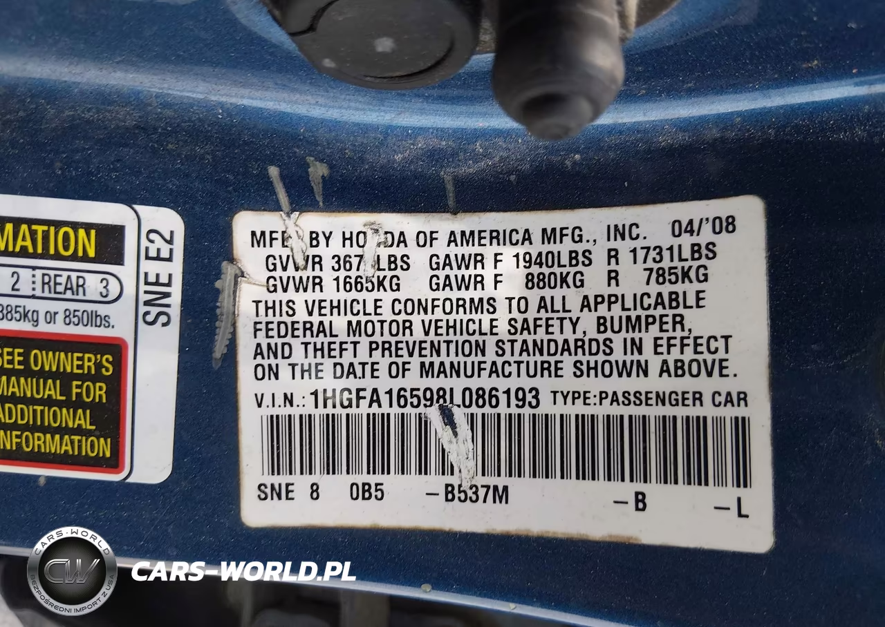 2008 Honda Civic Lx VIN:1HGFA16598L086193 - 9