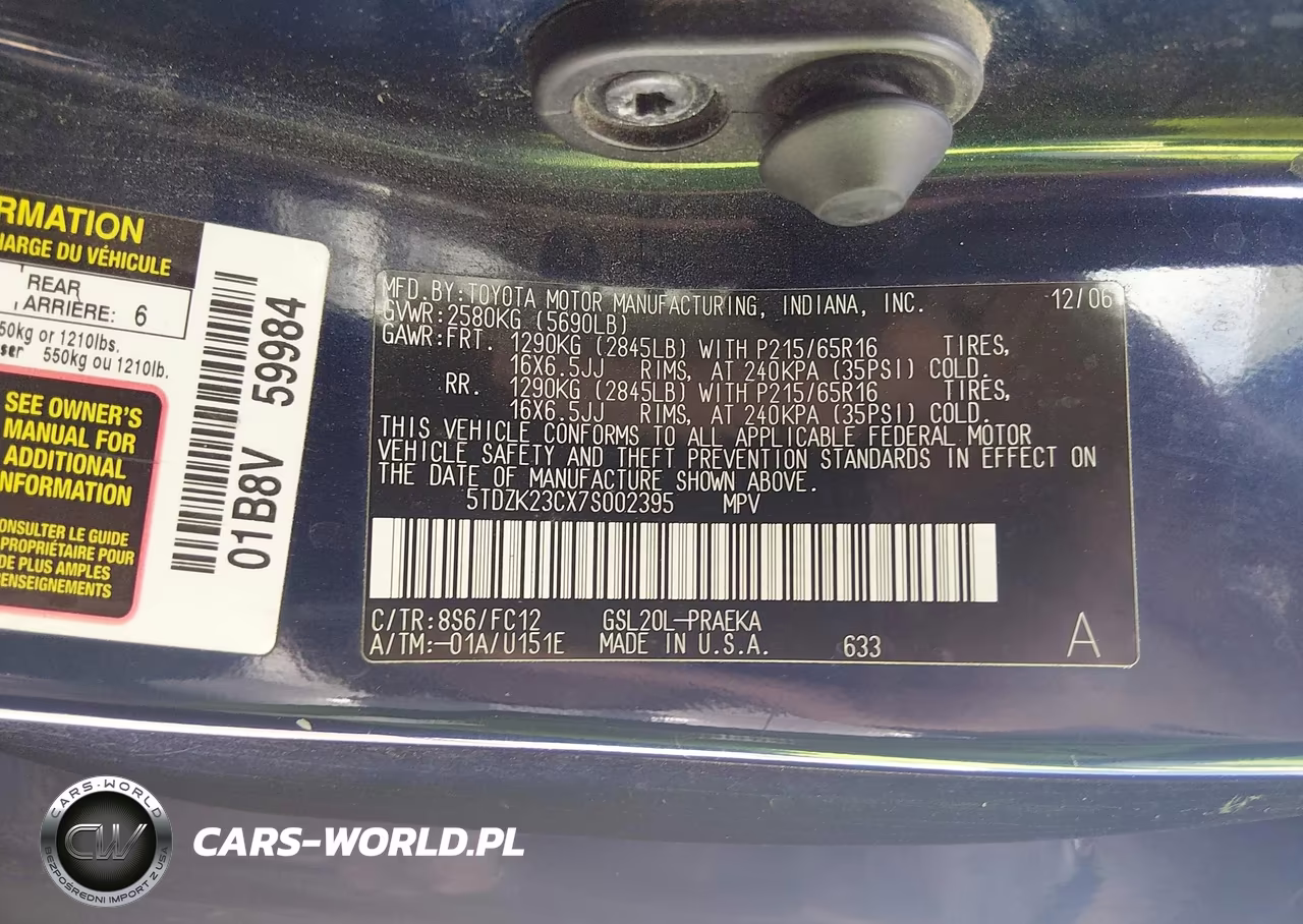2007 Toyota Sienna Le VIN:5TDZK23CX7S002395 - 9