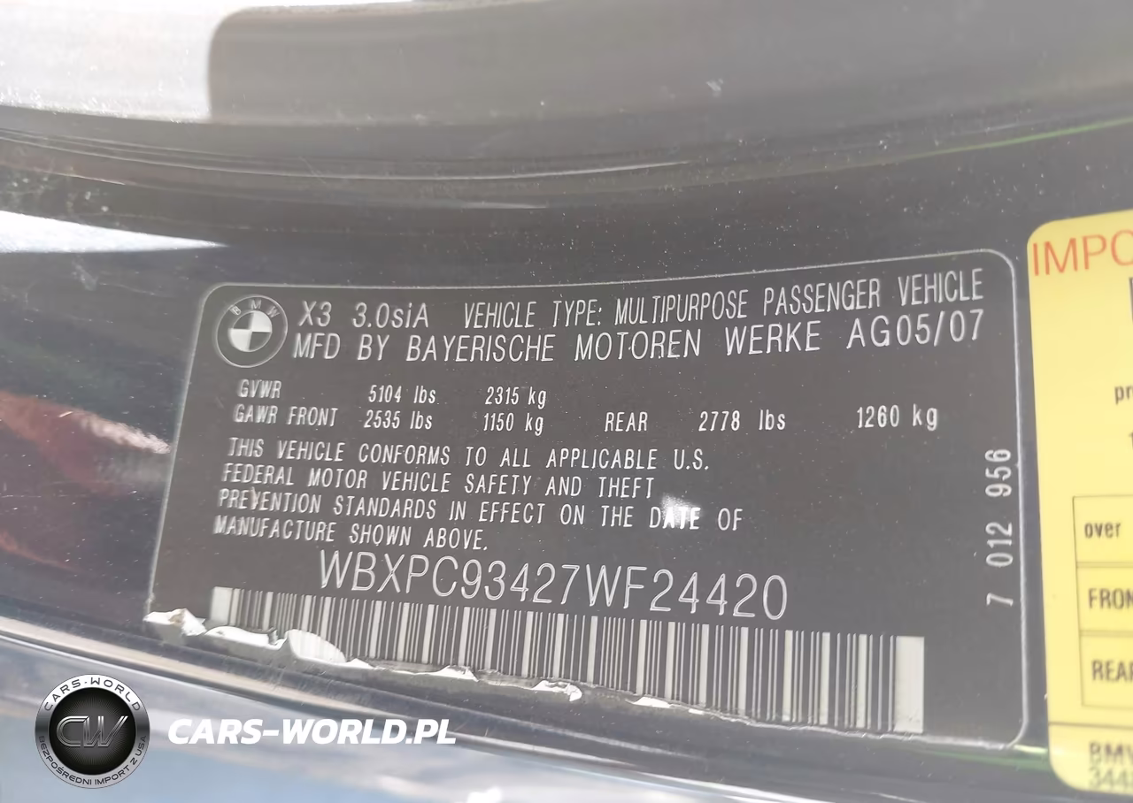 2007 BMW X3 3.0Si VIN:WBXPC93427WF24420 - 9