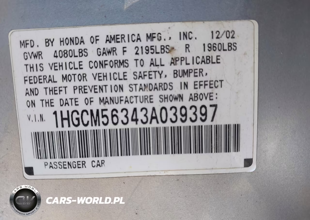 2003 Honda Accord 2.4 Lx VIN:1HGCM56343A039397 - 9