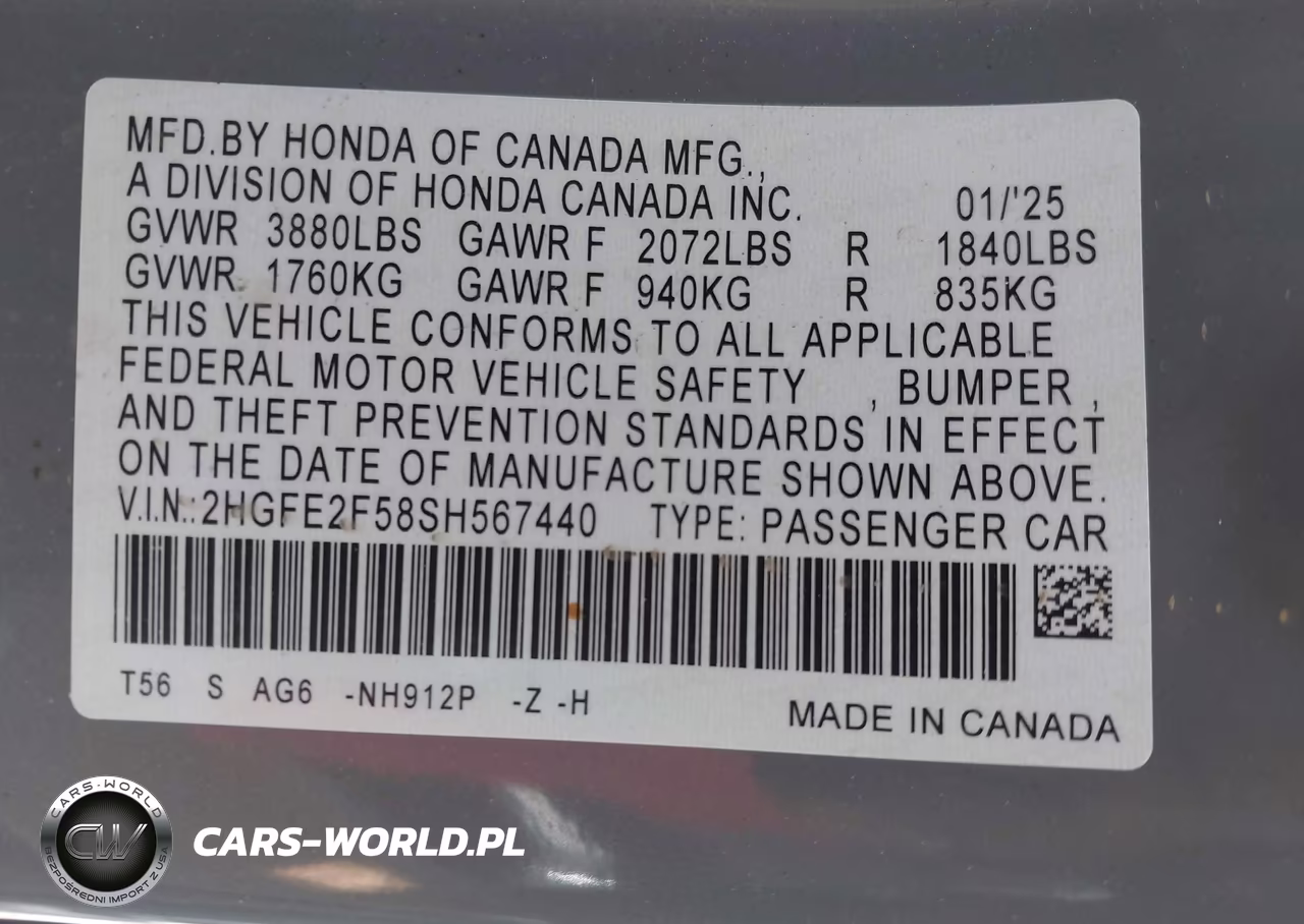 2025 Honda Civic Sport VIN:2HGFE2F58SH567440 - 9