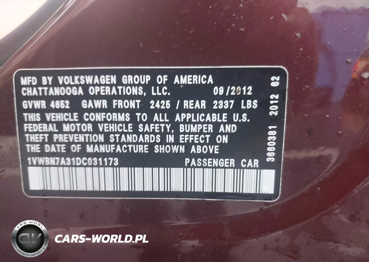 2013 Volkswagen Passat 2.0L Tdi Se VIN:1VWBN7A31DC031173 - 9