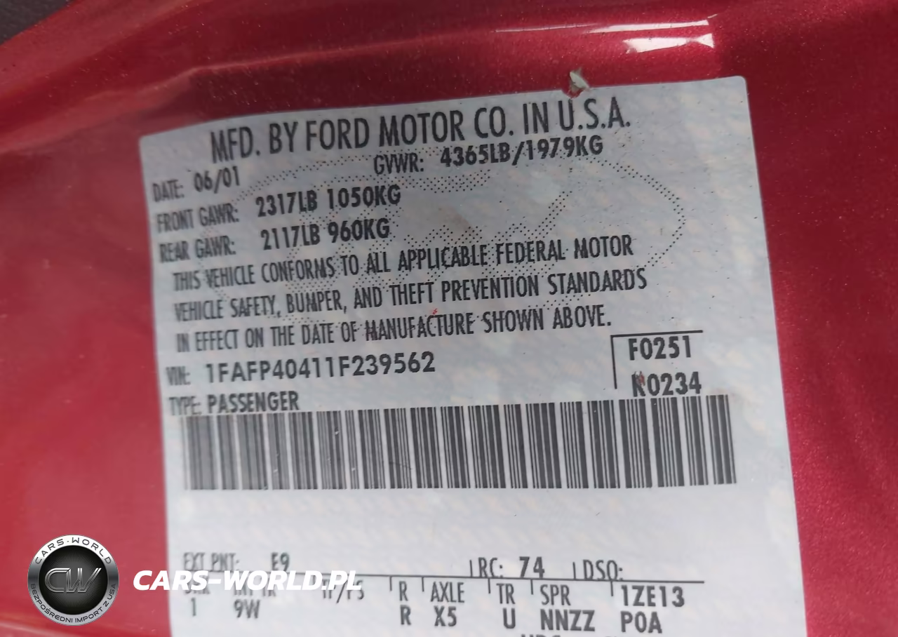 2001 Ford Mustang VIN:1FAFP40411F239562 - 9