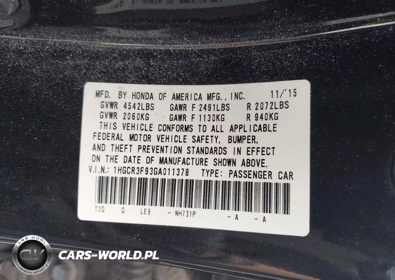 2016 Honda Accord Touring VIN:1HGCR3F93GA011378 - 9