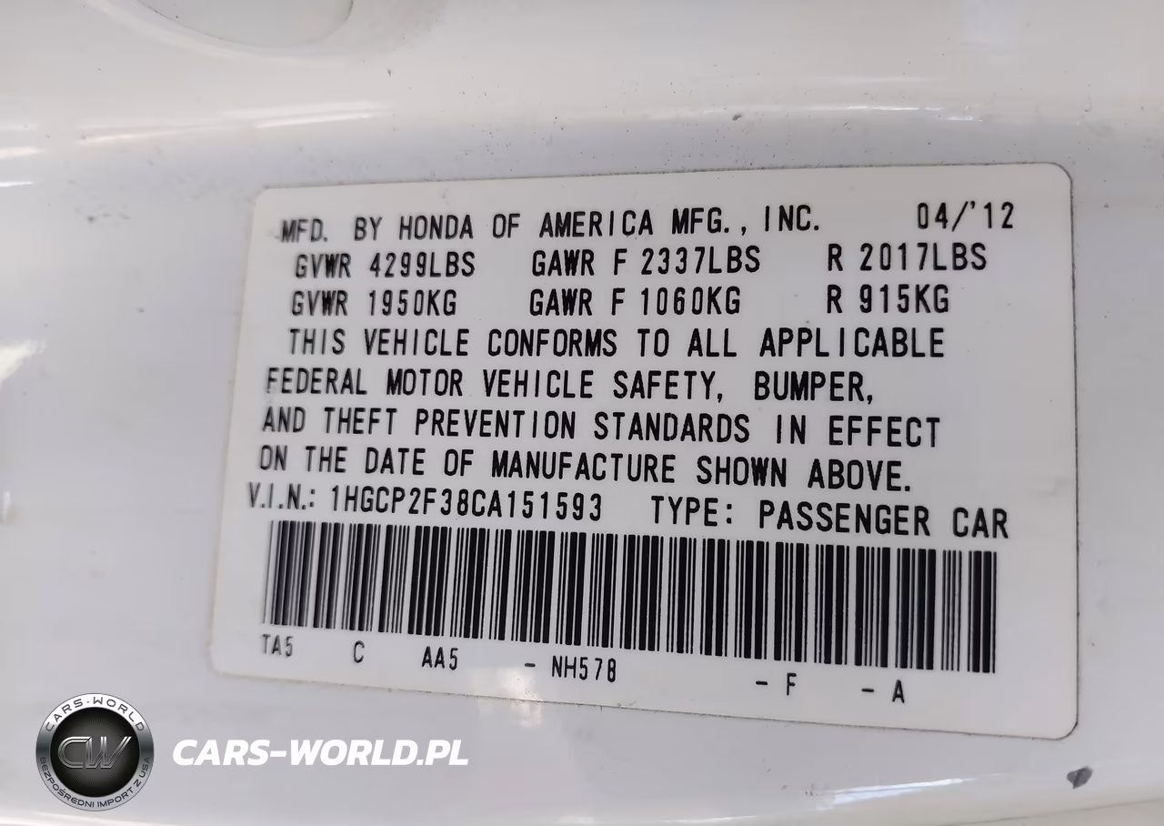 2012 Honda Accord Sdn Lx VIN:1HGCP2F38CA151593 - 9