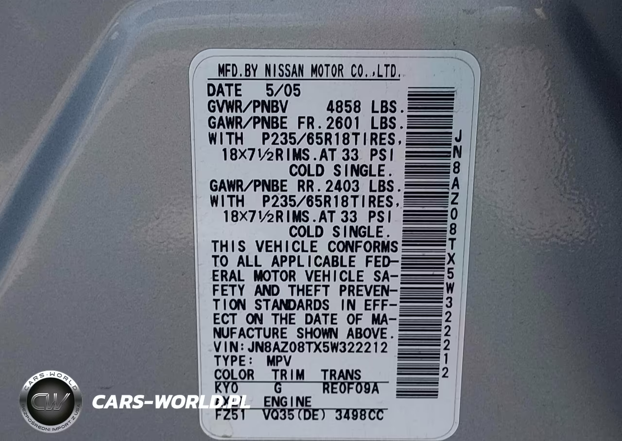 2005 Nissan Murano Sl VIN:JN8AZ08TX5W322212 - 9