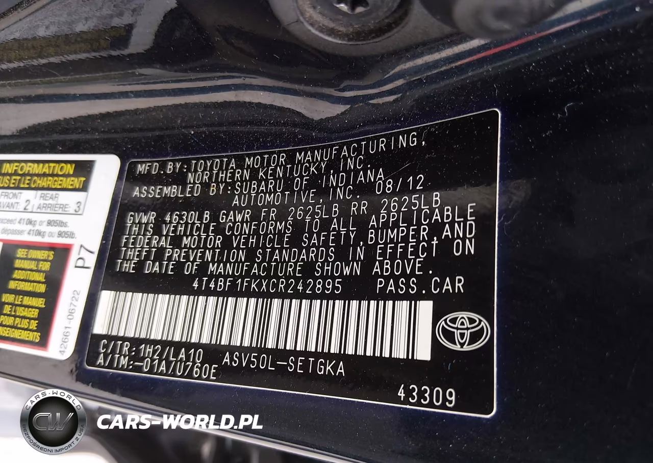 2012 Toyota Camry Xle VIN:4T4BF1FKXCR242895 - 9