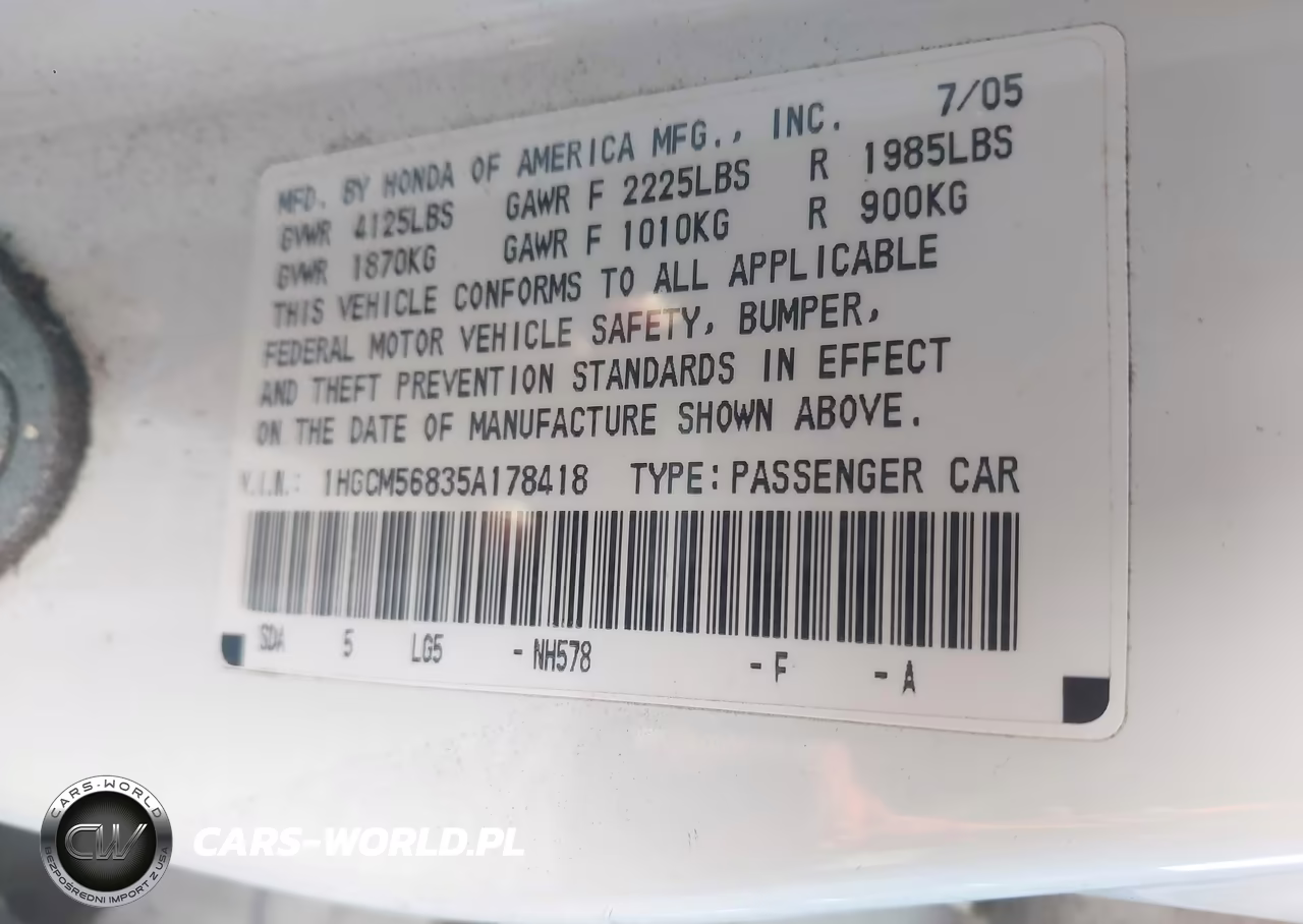 2005 Honda Accord 2.4 Ex VIN:1HGCM56835A178418 - 9