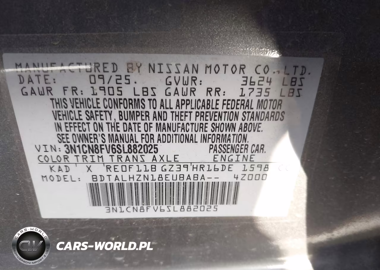 2025 Nissan Versa 1.6 Sr VIN:3N1CN8FV6SL882025 - 9