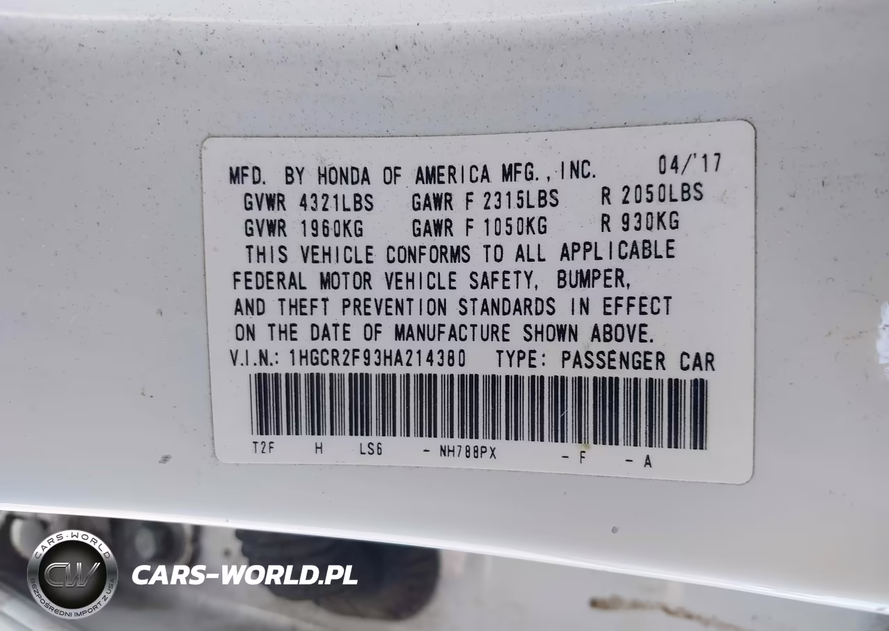2017 Honda Accord Ex-L VIN:1HGCR2F93HA214380 - 9