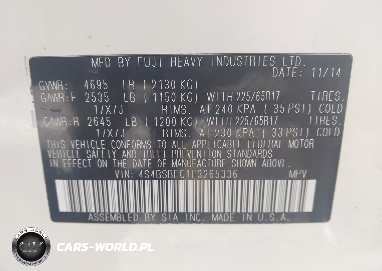 2015 Subaru Outback 2.5I Premium VIN:4S4BSBEC1F3265336 - 9