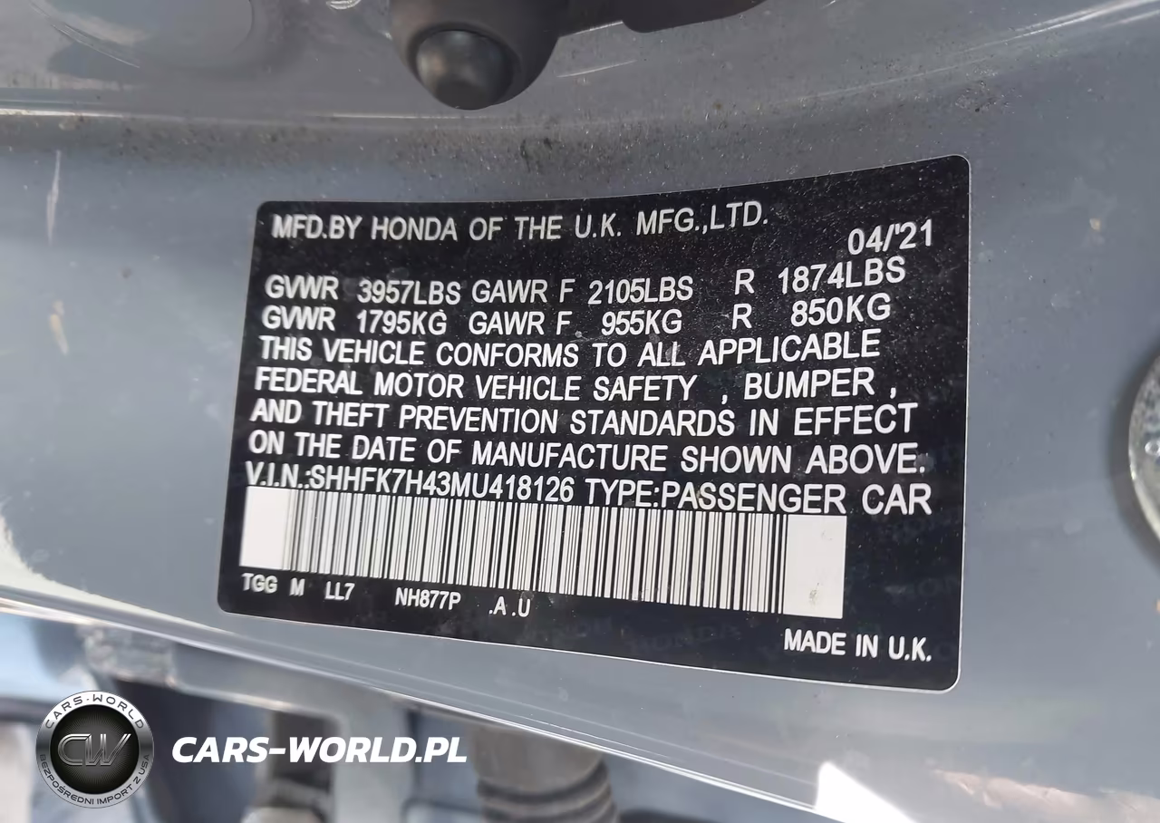 2021 Honda Civic Sport VIN:SHHFK7H43MU418126 - 9