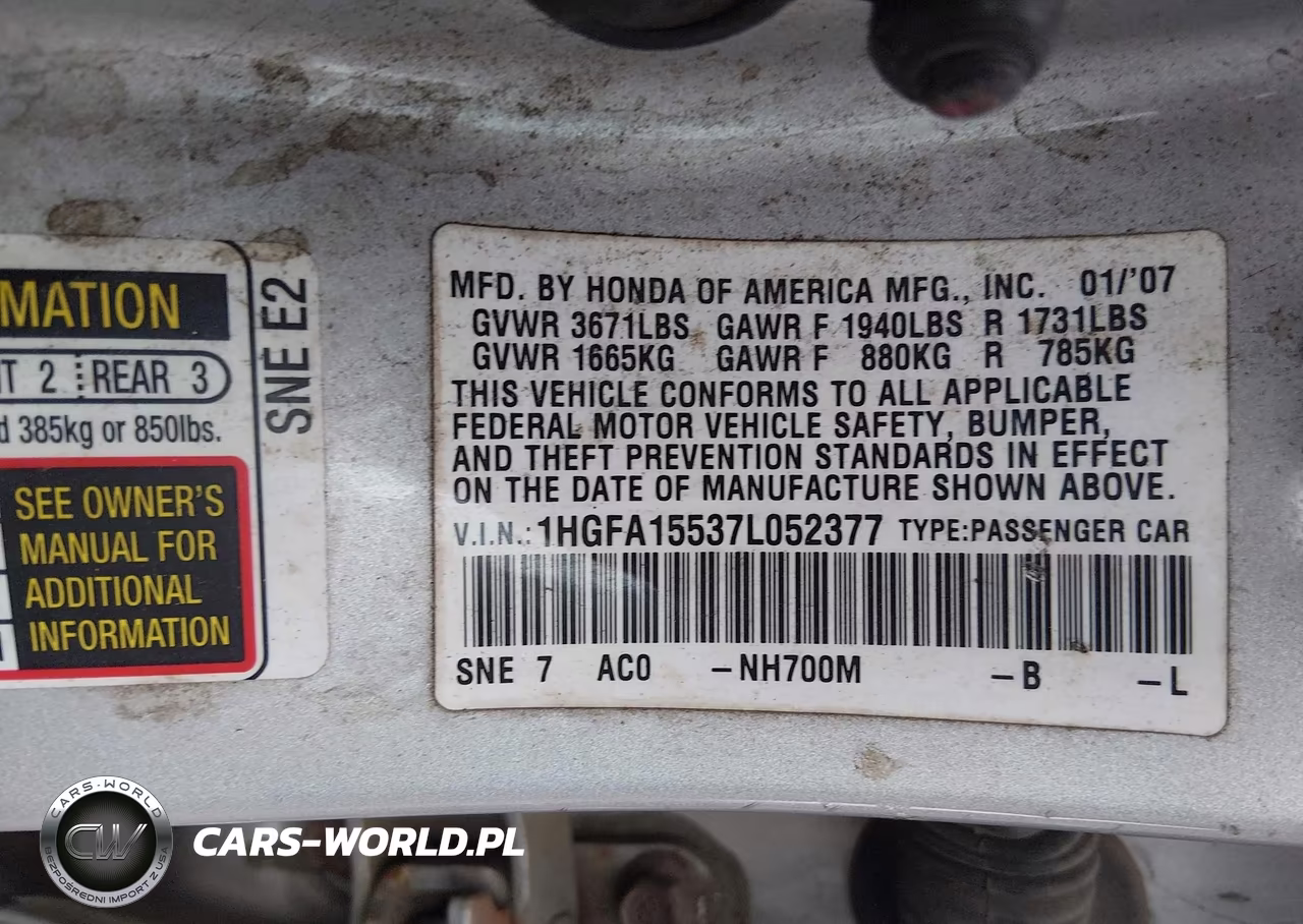 2007 Honda Civic Lx VIN:1HGFA15537L052377 - 9