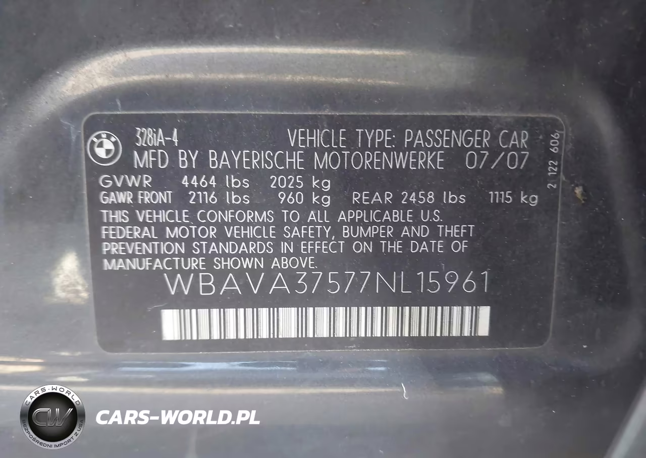 2007 BMW 328I VIN:WBAVA37577NL15961 - 9