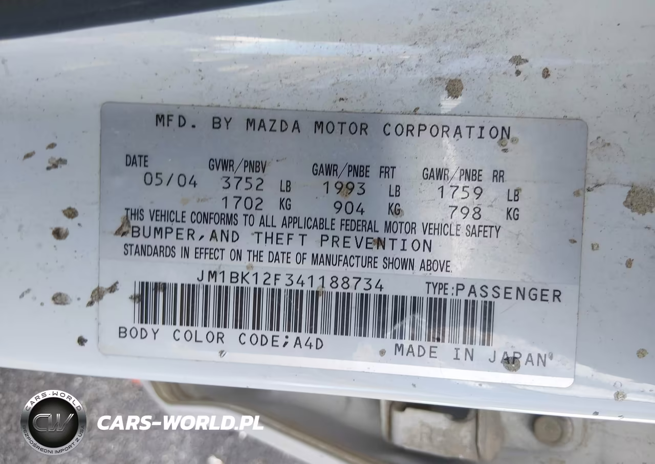2004 Mazda Mazda3 I VIN:JM1BK12F341188734 - 9