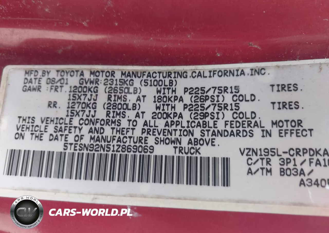 2001 Toyota Tacoma Prerunner V6 VIN:5TESN92N51Z869069 - 9