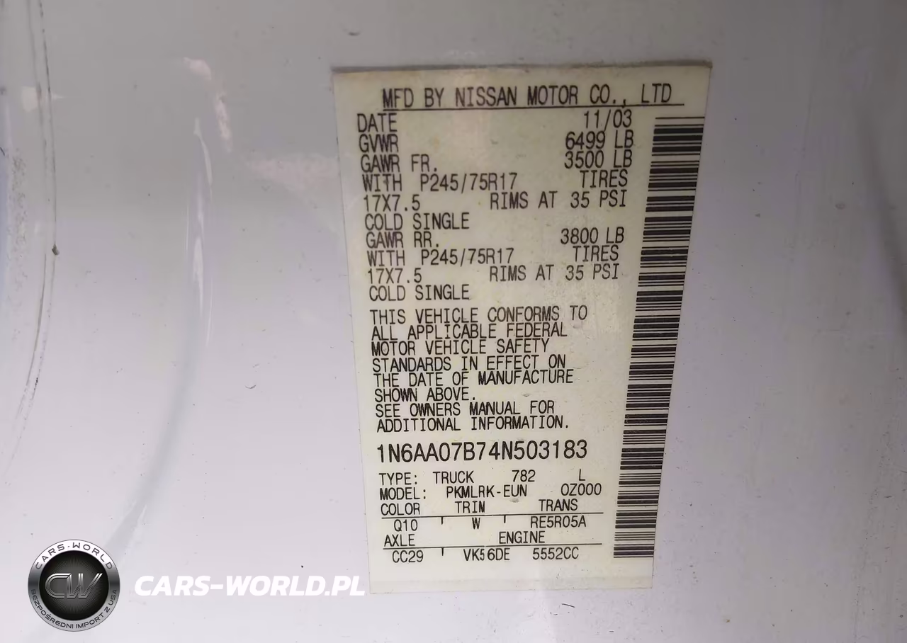 2004 Nissan Titan Xe VIN:1N6AA07B74N503183 - 9