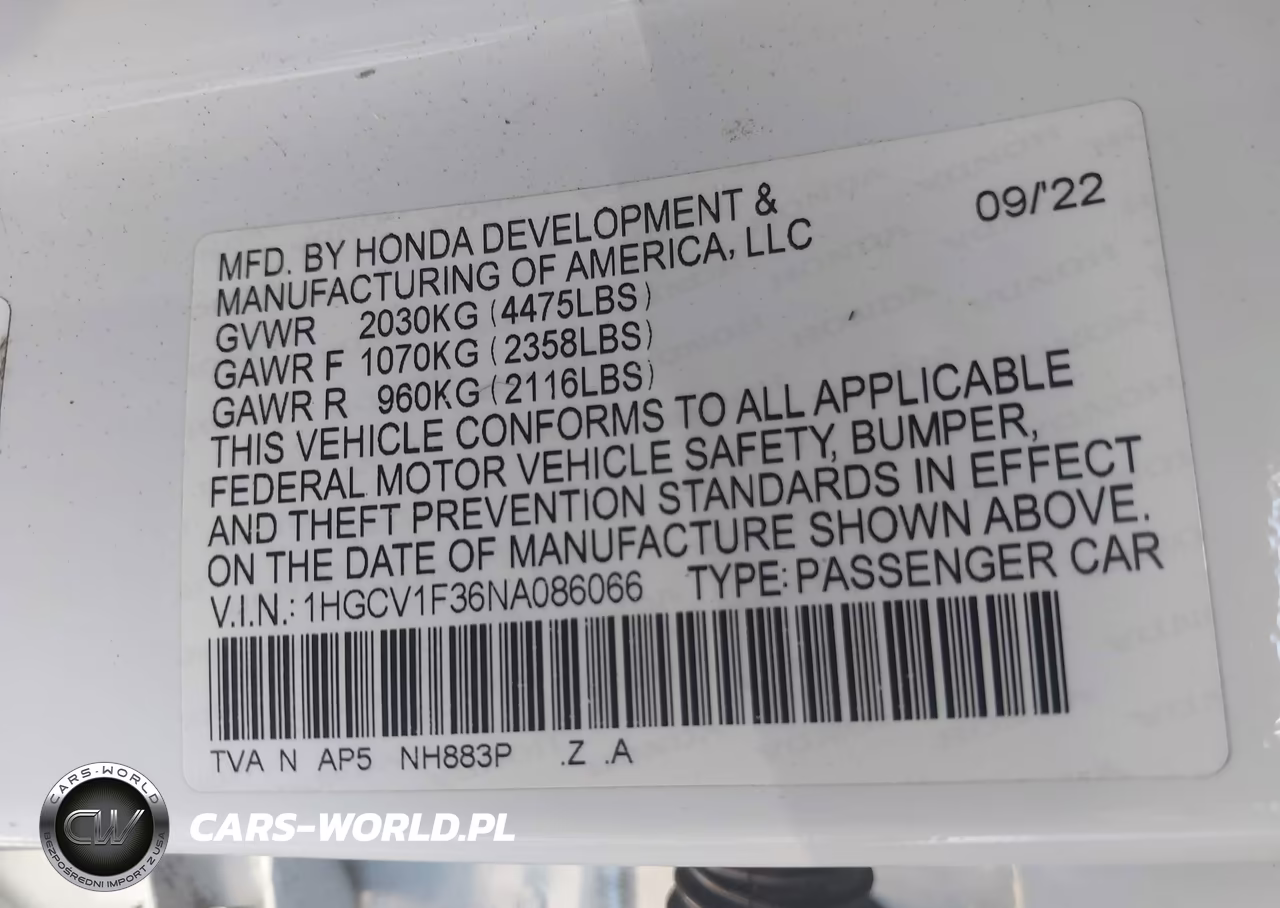 2022 Honda Accord Sport VIN:1HGCV1F36NA086066 - 9