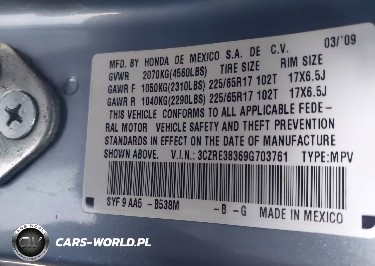 2009 Honda Cr-V Lx VIN:3CZRE38369G703761 - 9