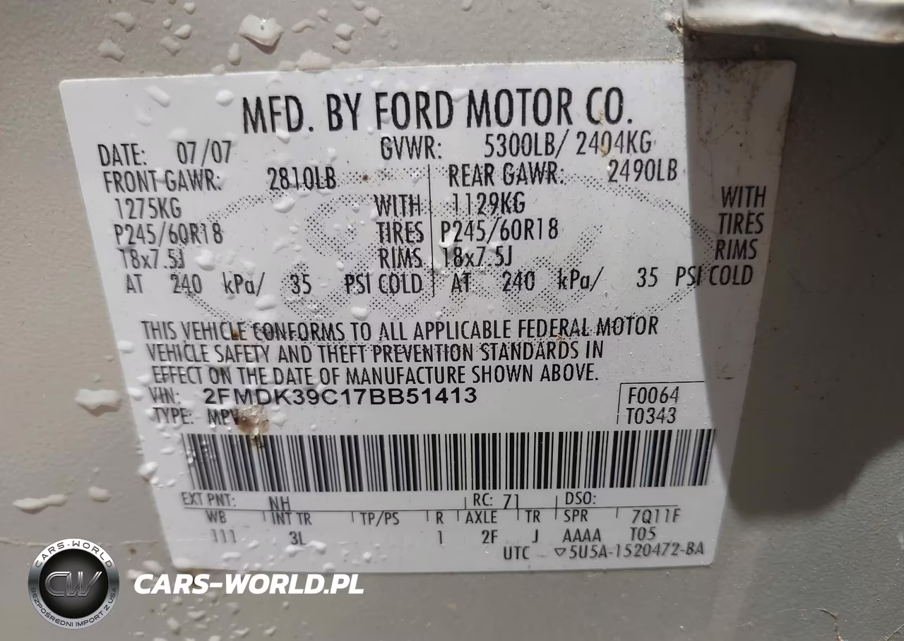 2007 Ford Edge Sel Plus VIN:2FMDK39C17BB51413 - 9