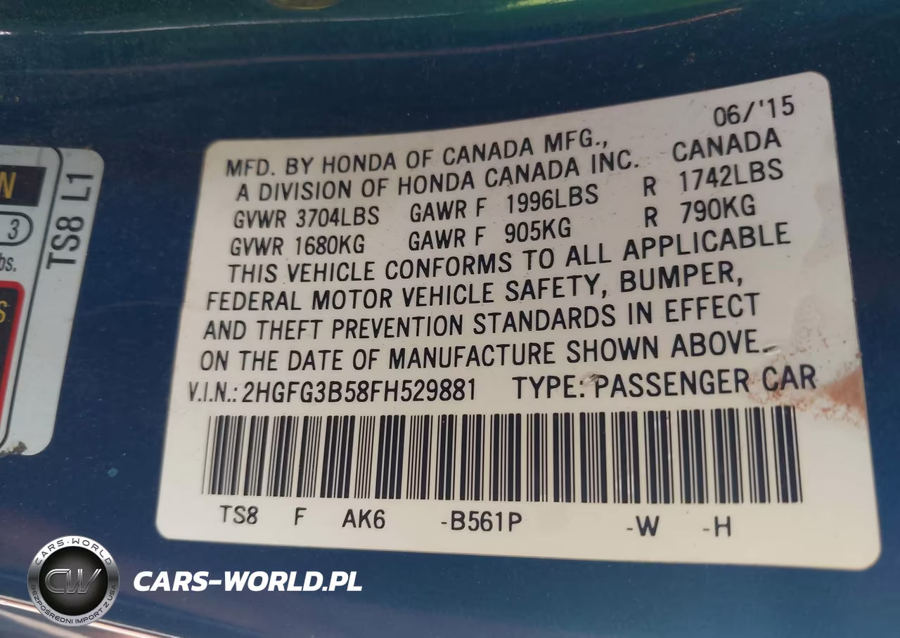 2015 Honda Civic Lx VIN:2HGFG3B58FH529881 - 9