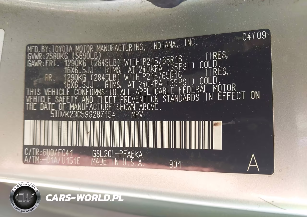 2009 Toyota Sienna Le VIN:5TDZK23C59S287154 - 9