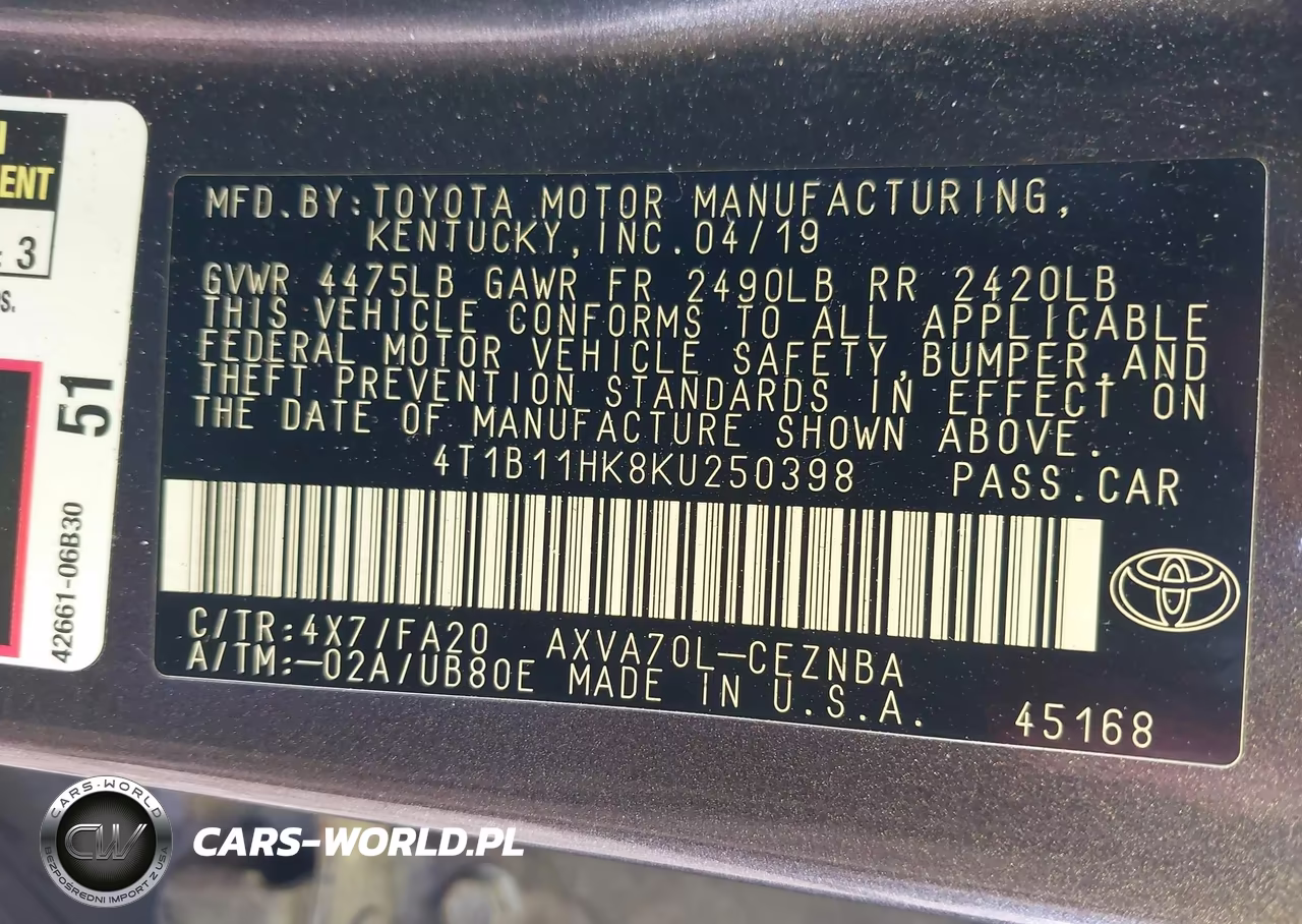 2019 Toyota Camry Le VIN:4T1B11HK8KU250398 - 9
