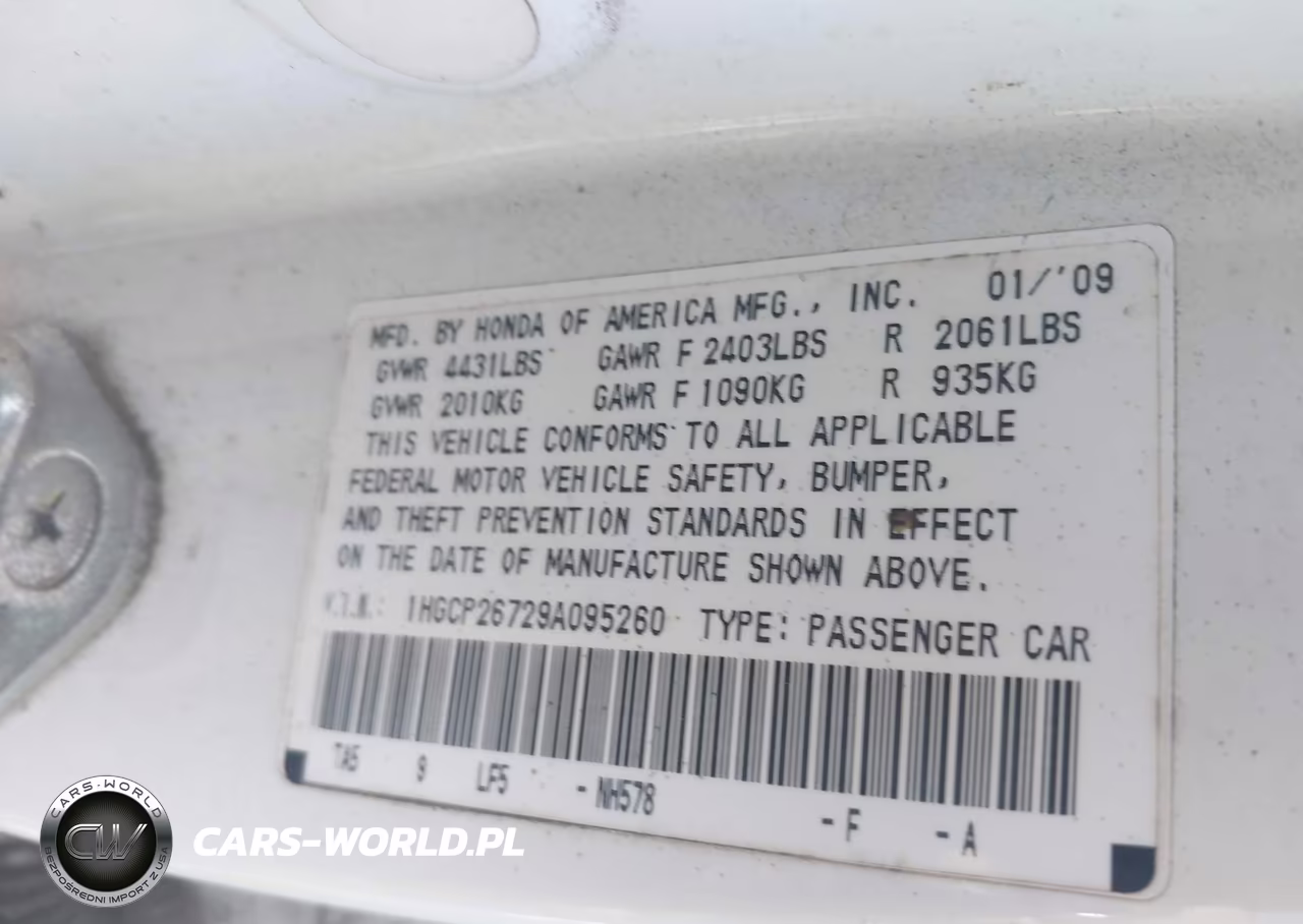 2009 Honda Accord 2.4 Ex VIN:1HGCP26729A095260 - 9