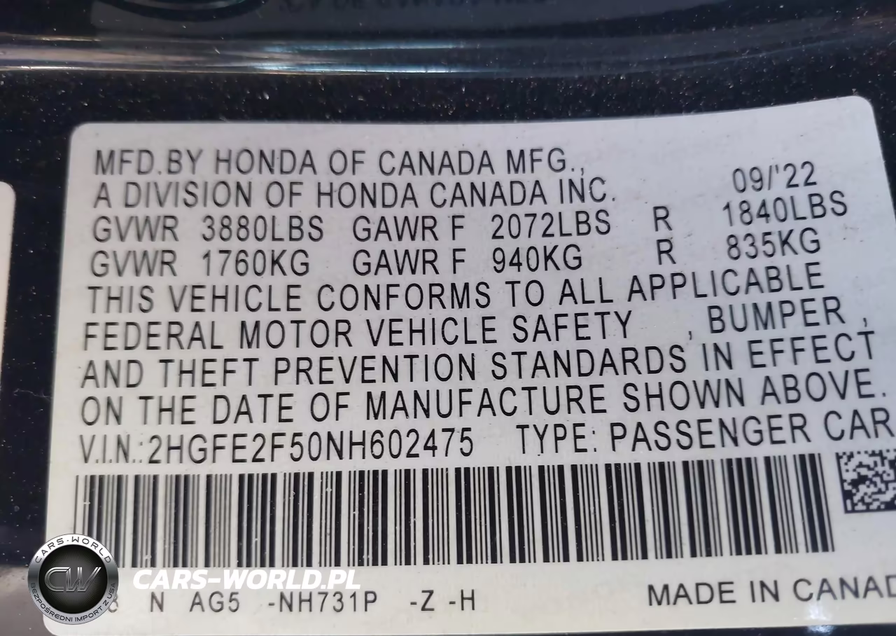 2022 Honda Civic Sport VIN:2HGFE2F50NH602475 - 9