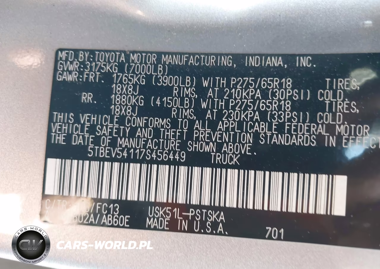 2007 Toyota Tundra Sr5 5.7L V8 VIN:5TBEV54117S456449 - 9