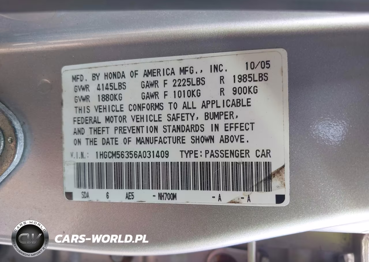 2006 Honda Accord 2.4 Se VIN:1HGCM56356A031409 - 9