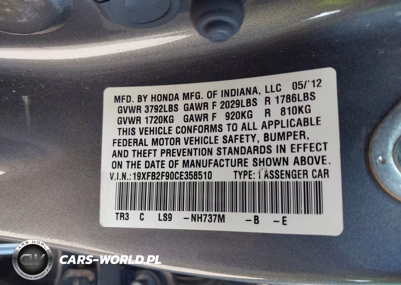 2012 Honda Civic Ex-L VIN:19XFB2F90CE358510 - 9