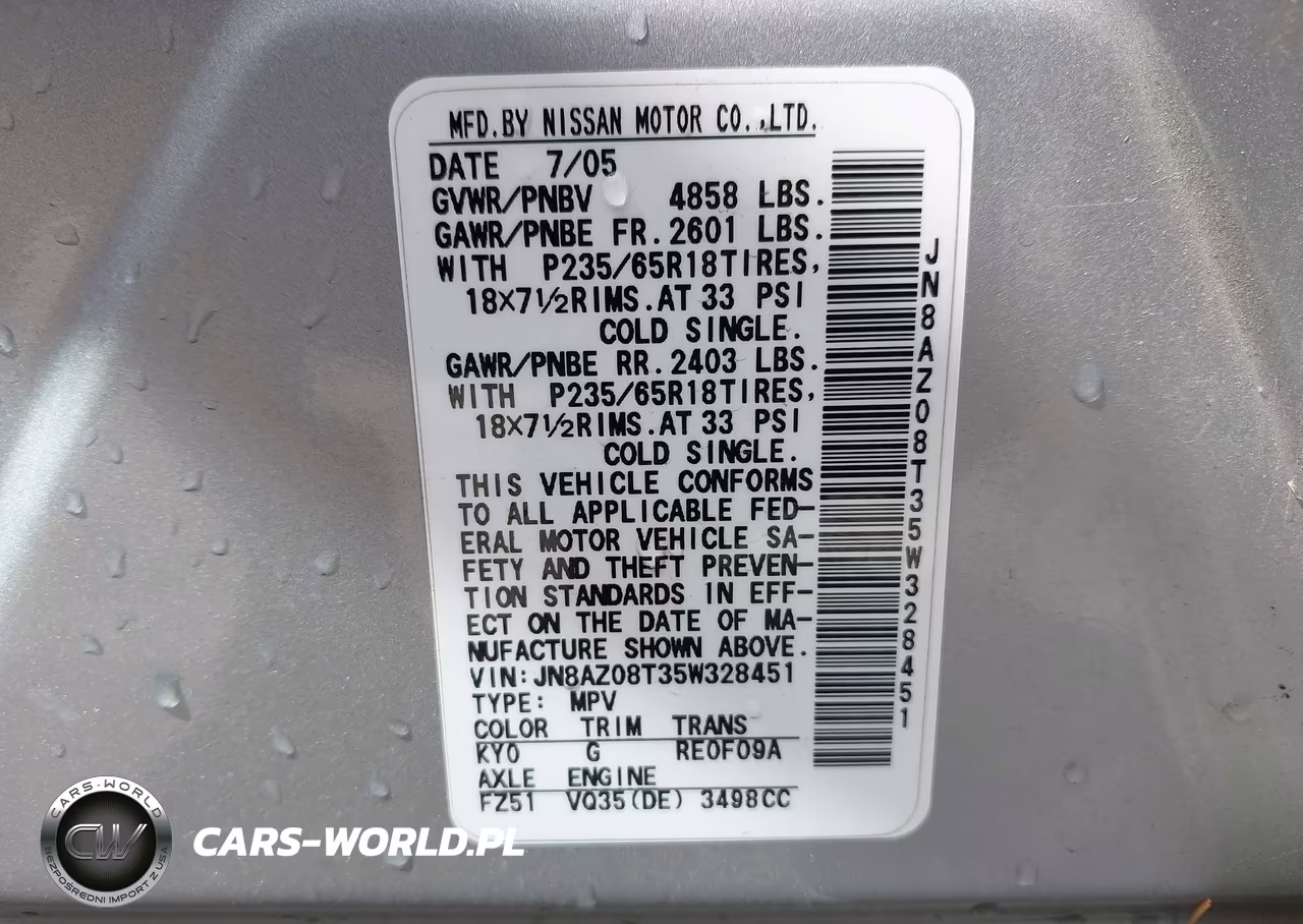 2005 Nissan Murano S VIN:JN8AZ08T35W328451 - 9