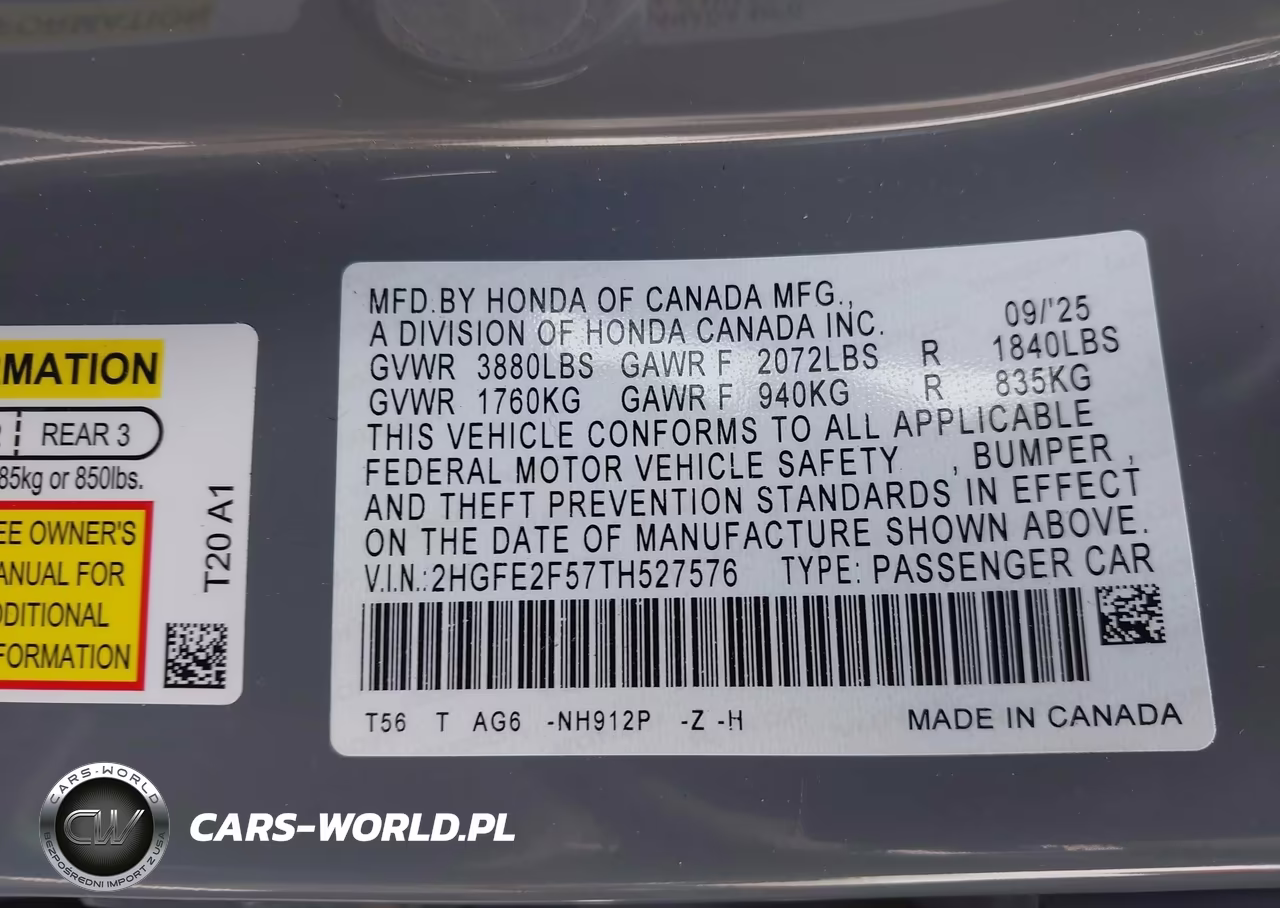 2026 Honda Civic Sport VIN:2HGFE2F57TH527576 - 9