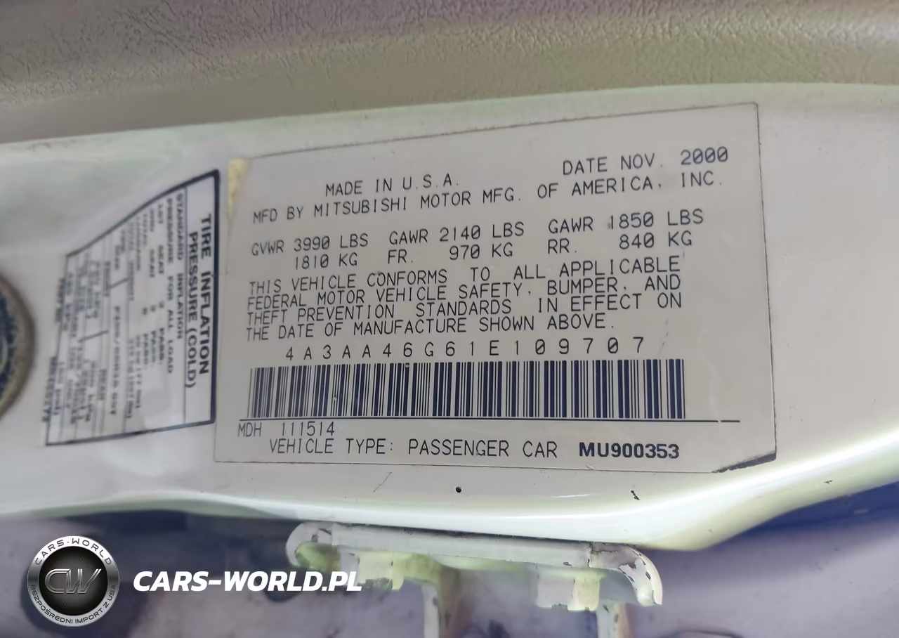 2001 Mitsubishi Galant Es VIN:4A3AA46G61E109707 - 9