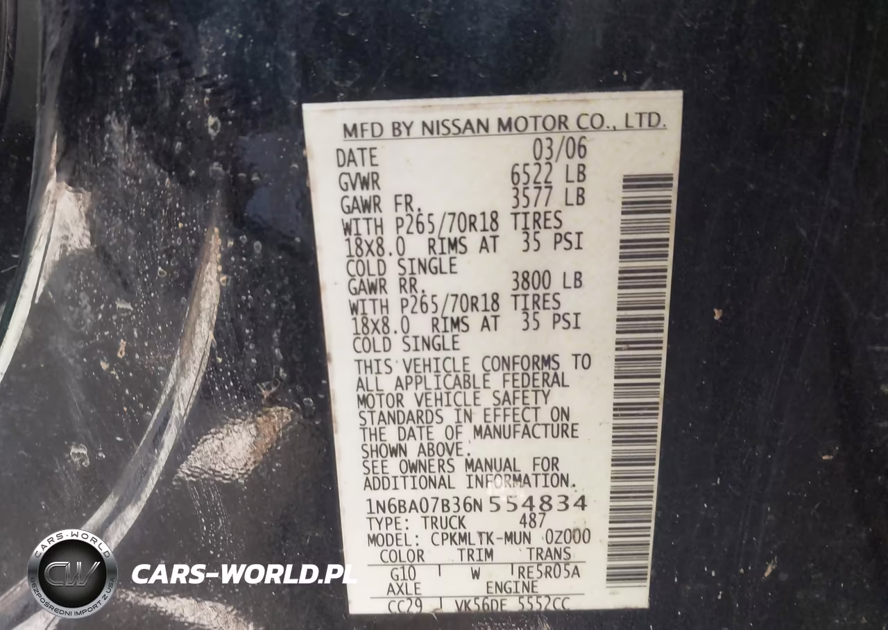 2006 Nissan Titan Se VIN:1N6BA07B36N554834 - 9