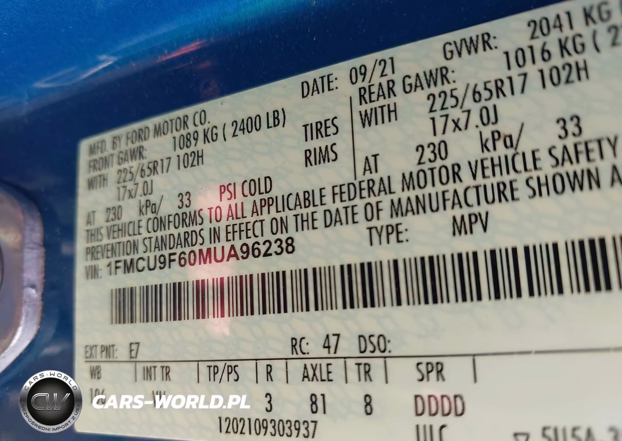 2021 Ford Escape S VIN:1FMCU9F60MUA96238 - 9