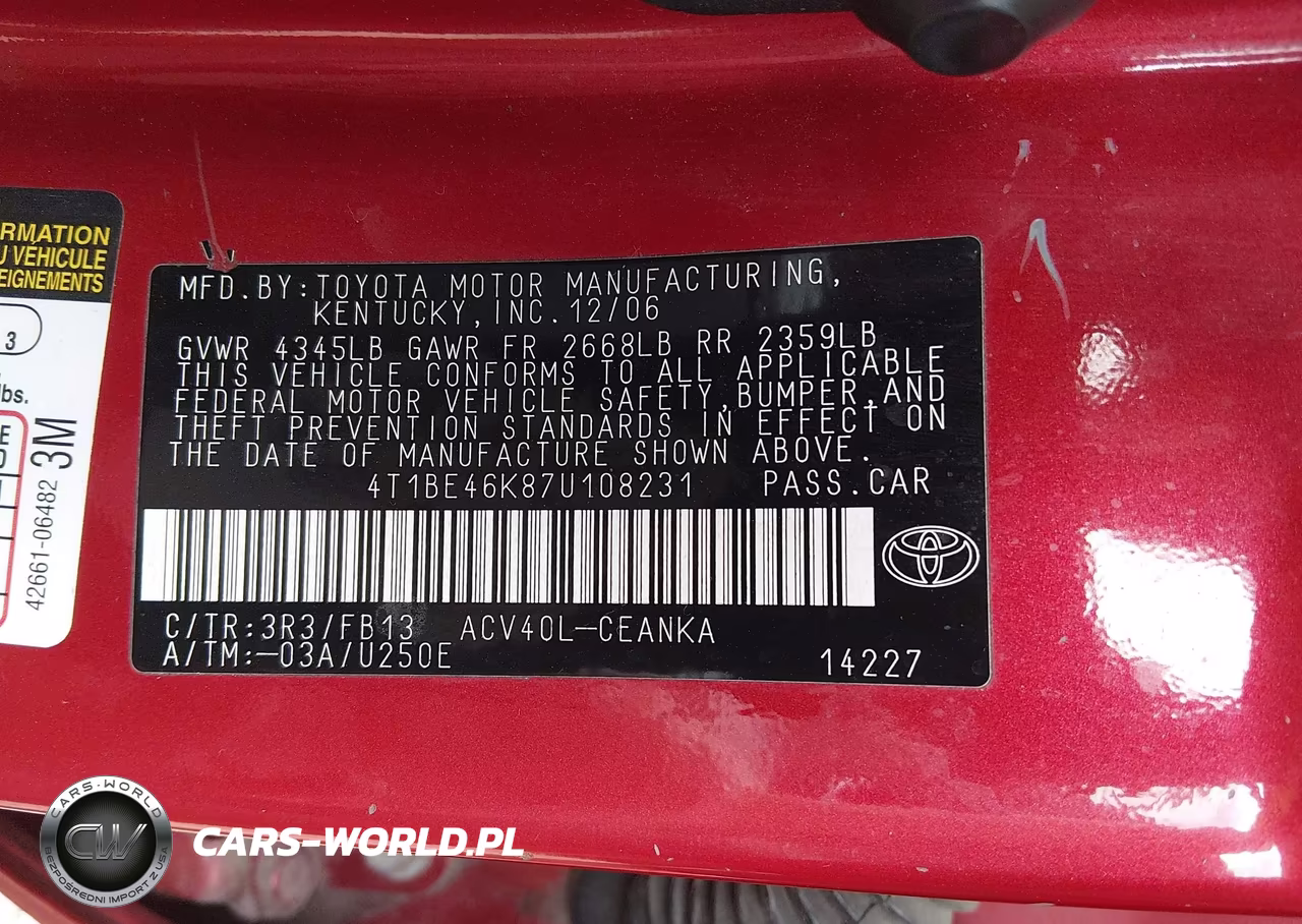 2007 Toyota Camry Le VIN:4T1BE46K87U108231 - 9