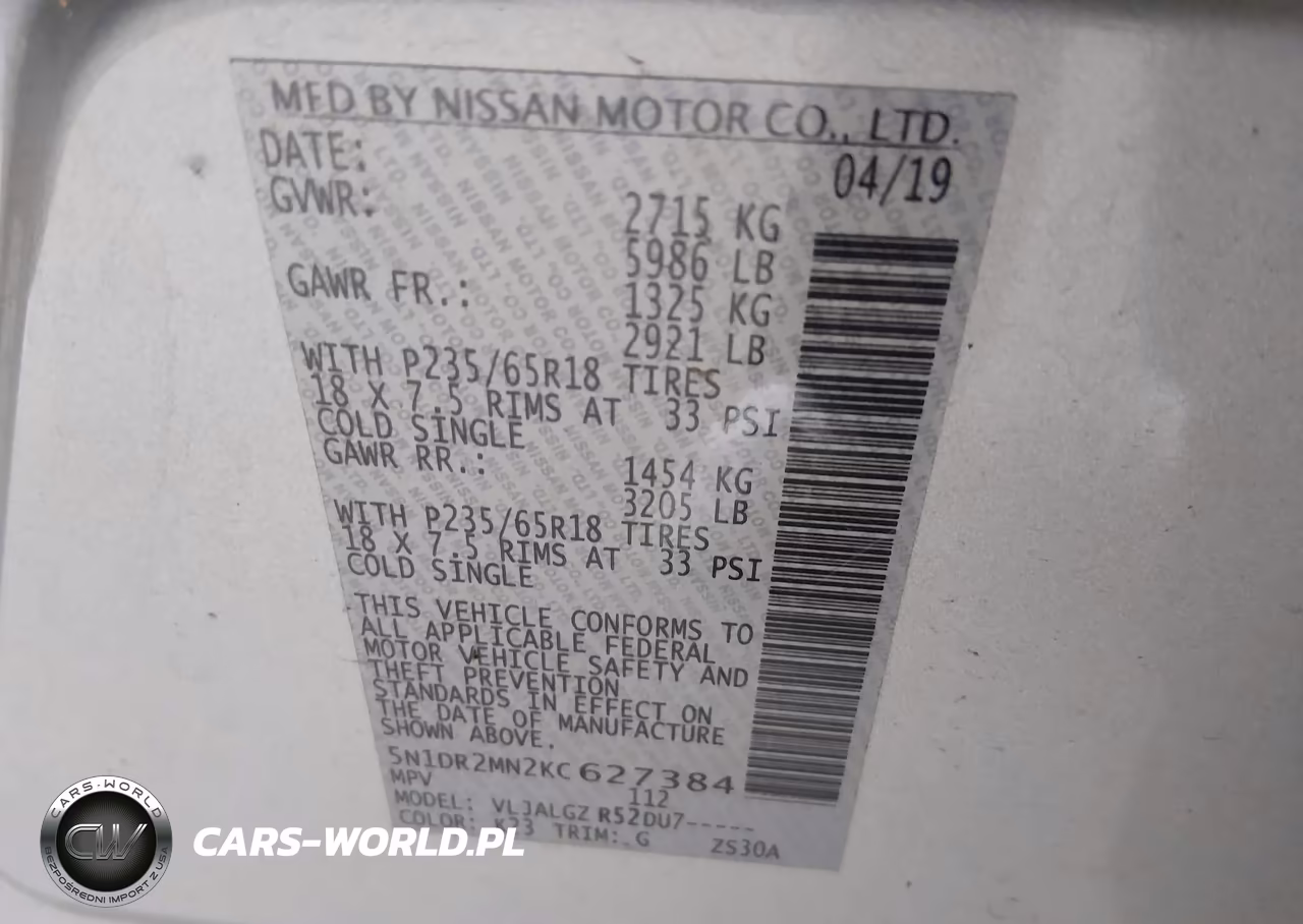 NISSAN PATHFINDER VIN:5N1DR2MN2KC627384 - 9
