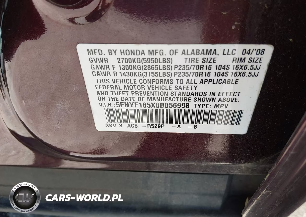 2008 Honda Pilot Ex-L VIN:5FNYF185X8B056998 - 9