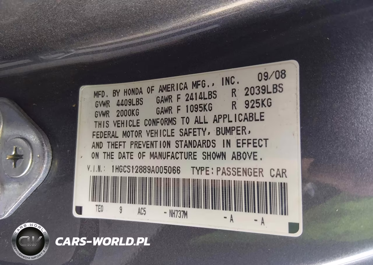 2009 Honda Accord 2.4 Ex-L VIN:1HGCS12889A005066 - 9
