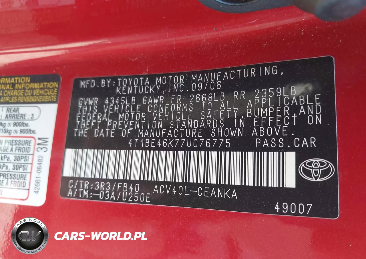 2007 Toyota Camry Le VIN:4T1BE46K77U076775 - 9