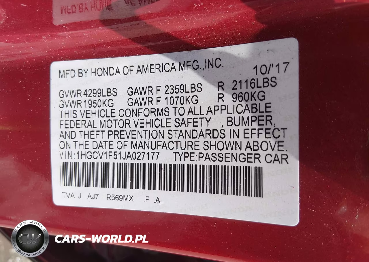 2018 Honda Accord Ex-L VIN:1HGCV1F51JA027177 - 9