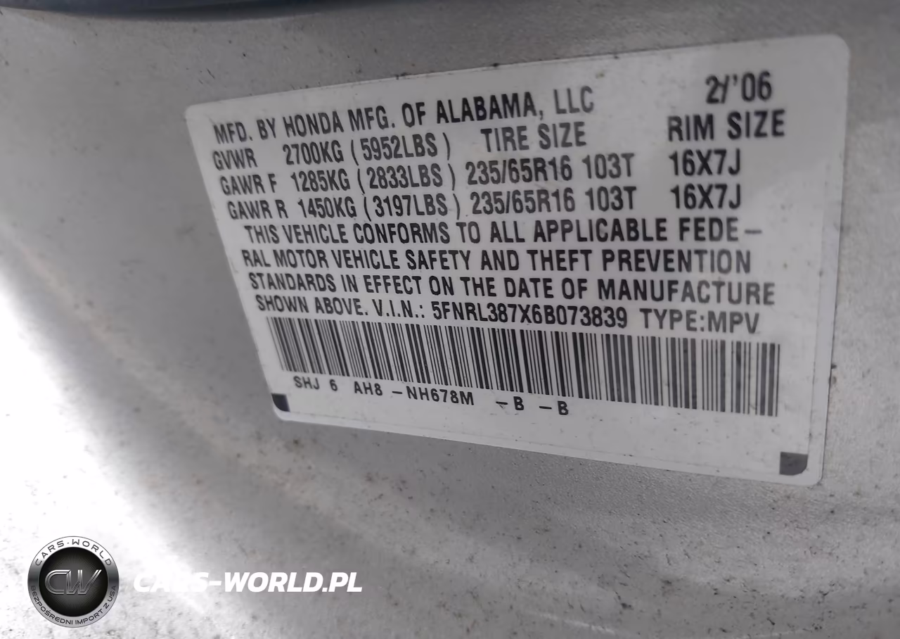 2006 Honda Odyssey Ex-L VIN:5FNRL387X6B073839 - 9