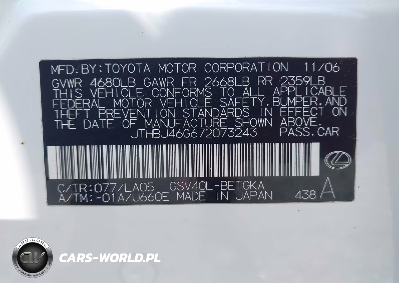 2007 Lexus Es 350 VIN:JTHBJ46G672073243 - 9