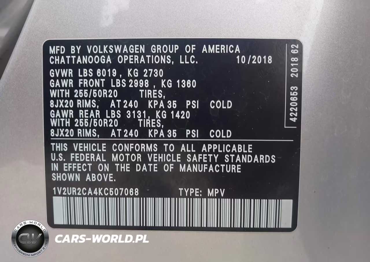 2019 Volkswagen Atlas 3.6L V6 Se W-Technology VIN:1V2UR2CA4KC507068 - 9