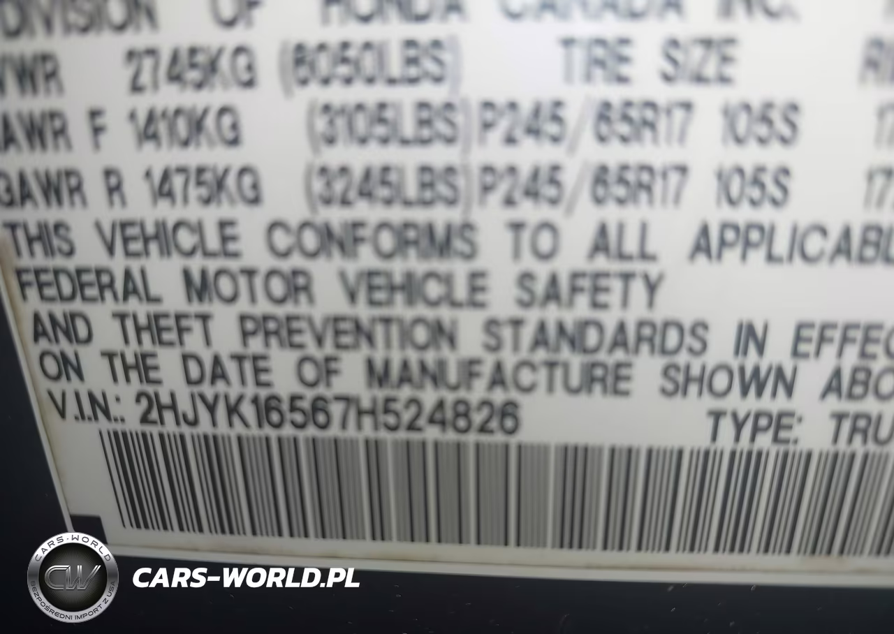 2007 Honda Ridgeline Rtl VIN:2HJYK16567H524826 - 9